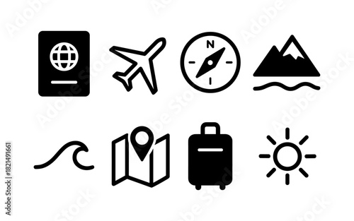 Travel icons collection: adventure, navigation, and tourism essentials