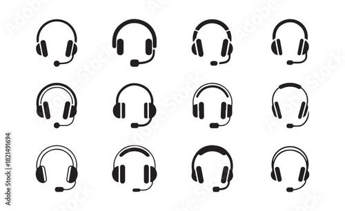 Headset and headphone icon set.Collection of customer service, call center, and gaming equipment symbols isolated on white vector illustration eps 10