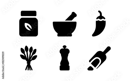 Culinary spice icons: silhouette collection of kitchen essentials and herbs