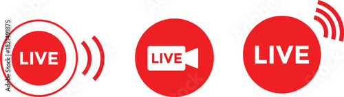 Live streaming red icon set. Internet recording status signs. online stream icons. broadcasting buttons. social media channel
