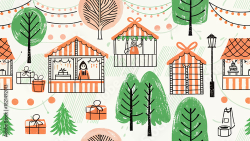 Charming hand-drawn Christmas market scene, perfect for holiday cards and festive season promotions