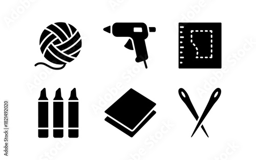 Set of sewing and crafting tools in minimalistic black icons