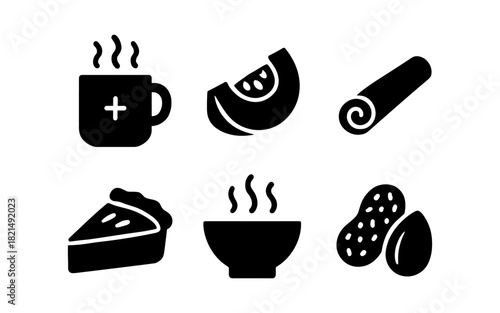 Silhouette icons of coffee, watermelon, pastry, soup, and nuts