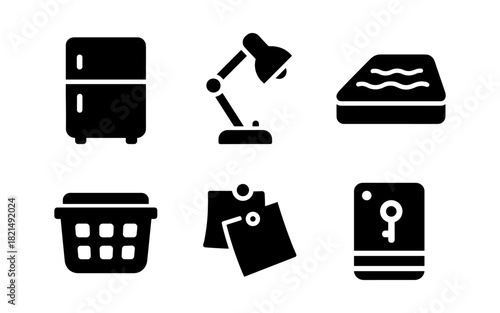 Minimalist black furniture icons: fridge, lamp, mattress, laundry basket, papers, safe