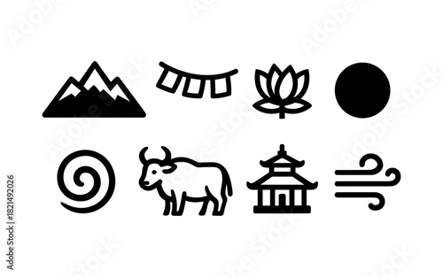 Minimalist symbols: mountains, lotus, and buffalo in bold design
