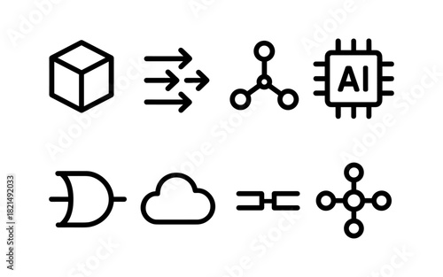 Modern technology symbols: ai, cloud, neural networks, data processing icons