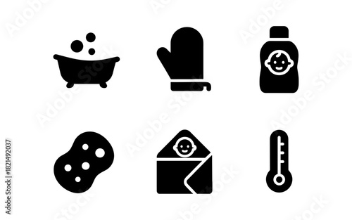 Silhouette icons of baby bath essentials and hygiene items