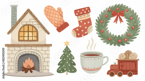 Cozy Christmas warmth with fireplace, mitten, wreath, stocking, tree, cocoa, and toy train delights
