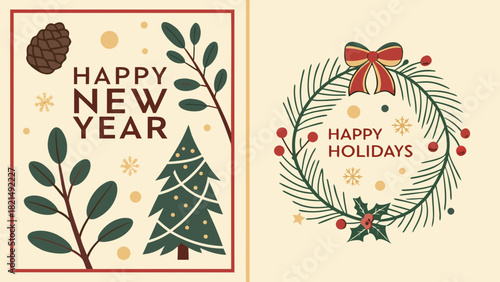 Festive holiday greetings card with new year tree and wreath design in cream and red colorscheme