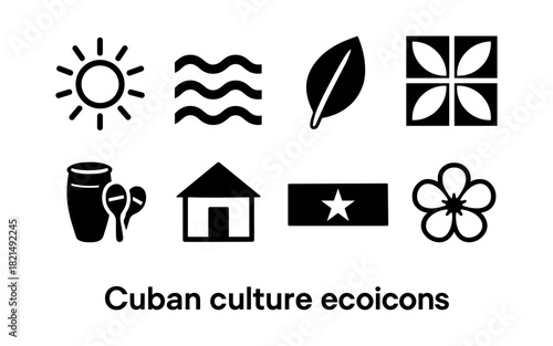 Cuban culture icons set: traditional symbols and elements in simple black style