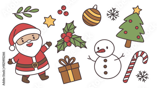 Illustration of santa claus, snowman, christmas tree and other holiday themed clip art elements