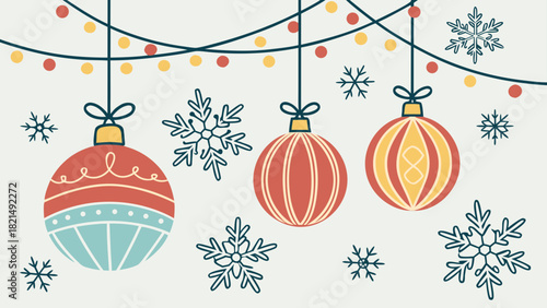 Festive christmas ornaments hanging with snowflakes and string lights decoration for winter season holiday card