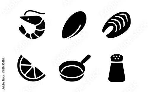 Seafood and cooking icons: shrimp, lemon, pan, and more in simple style