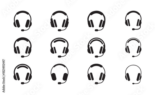 Headset and headphone icon set.Collection of customer service, call center, and gaming equipment symbols isolated on white vector illustration eps 10