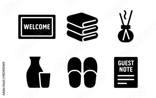 Essential hotel icons set: guest note, welcome sign, towels, slippers, fragrance, beverage