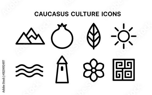 Caucasus culture icons: mountain, pomegranate, leaf, sun, waves, tower, flower, pattern