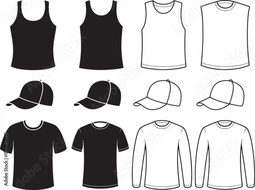 Collection of black and white clothing icons showing various styles of tank top, tshirt, long sleeve shirt, and cap