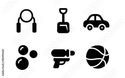Icon set: jump rope, toy shovel, car, bubbles, water gun, basketball in bold black style