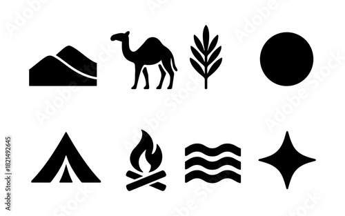 Desert silhouette icons: camel, oasis, tent, campfire, sand dunes