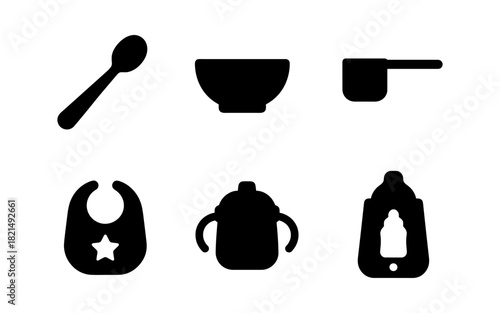 Silhouette set of baby feeding items: spoon, bowl, bib, and bottle