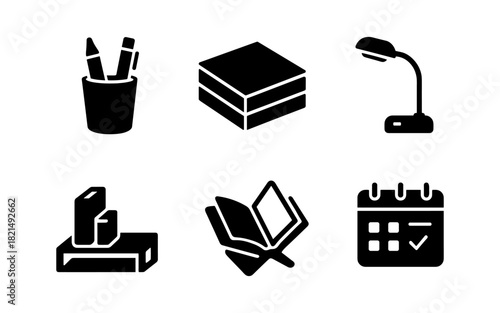 Essential office supplies icons: books, lamp, calendar, and more for workplace organization