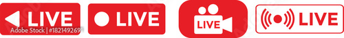 Live streaming red icon set. Internet recording status signs. online stream icons. broadcasting buttons. social media channel
