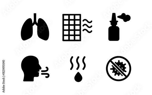 Medical icons: lungs, allergy remedies, air filter, illness prevention