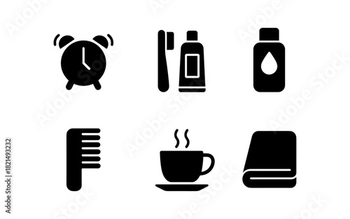 Essential morning routine icons: coffee, alarm, hygiene, and self-care