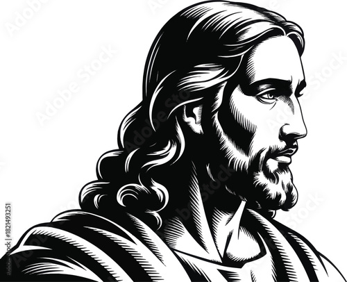Black and white illustration portrait of jesus christ with long hair and beard, isolated on