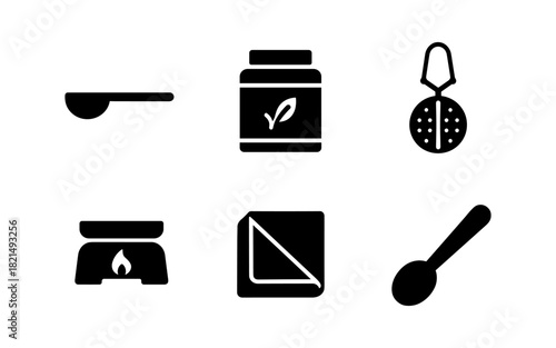 Minimalist kitchen icons: cooking, tea preparation, and kitchenware essentials