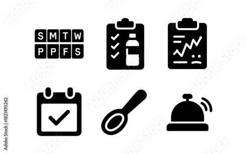 Minimalist black icon set: schedule, checklist, data, calendar, spoon, bell