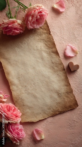 Romantic Setting With Dried Roses and a Blank Parchment on Soft Fabric