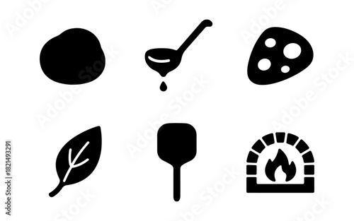 Pizza making icons: minimalist silhouette set with oven, cheese, and dough
