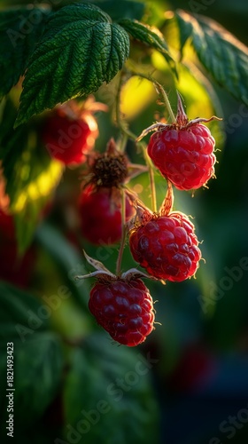 Fresh Raspberries Hanging From Green Leaves During Sunset in a Garden