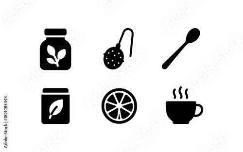 Minimalist tea and coffee icons featuring jar, tea infuser, spoon, cup, leaf, and citrus slice