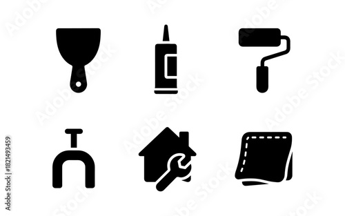 Set of repair tool icons in black silhouette style for diy and construction projects