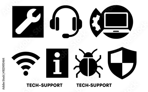 Silhouette tech support icons set with tools, headset, and digital symbols