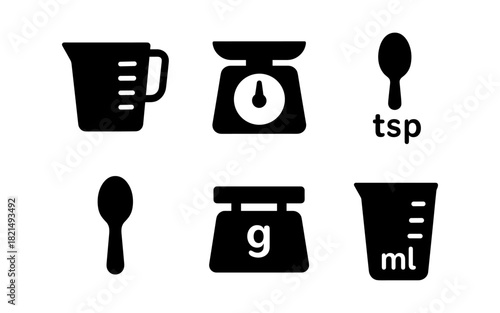 Kitchen measurement icons: scales, spoons, and jugs in silhouette style