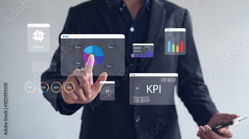 business professional interacting with AI-driven KPI dashboards and data analytics visuals, showcasing modern performance metrics, digital insights, and advanced business intelligence technology.