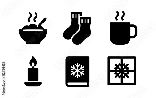 Cozy winter icons: warm socks, hot beverage, candlelight, snowy vibes