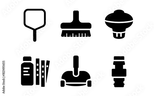 Pool cleaning equipment icons set in solid style featuring broom, brush, and net tools
