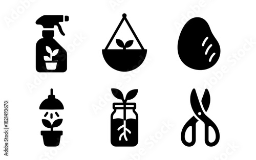 Gardening silhouettes: tools and plants set for home and gardens