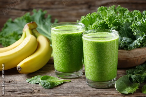 Healthy Green Smoothie Made With Kale and Bananas on a Wooden Table