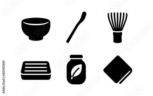 Silhouette icons of traditional japanese tea ceremony tools on white background