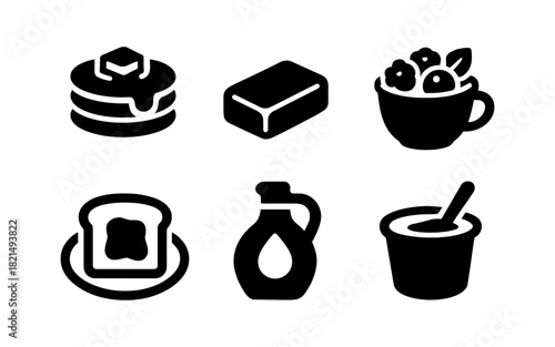 Breakfast food icons: pancakes, butter, cereal, toast, syrup, yogurt in bold style