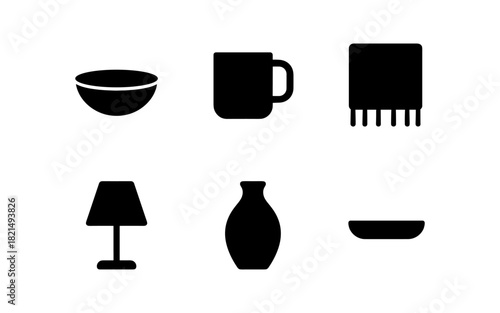 Minimalist black silhouette icons of household objects on white background