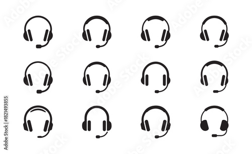 Headset and headphone icon set. Vector collection of customer service, call center, and gaming equipment symbols isolated on white. Illustration eps 10