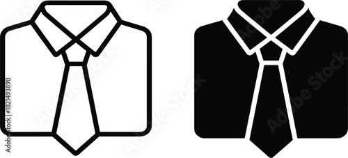 Set of Two Business Shirt and Tie Icons, Outline and Glyph Styles, Corporate Professional Formal Work Attire Symbol, Monochrome Vector Graphic Clipart