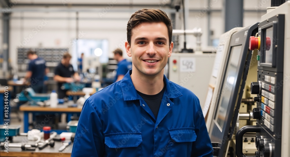 Obraz premium Smiling factory worker in blue uniform standing next to CNC machine. Portrait of a young industrial engineer in a modern manufacturing plant