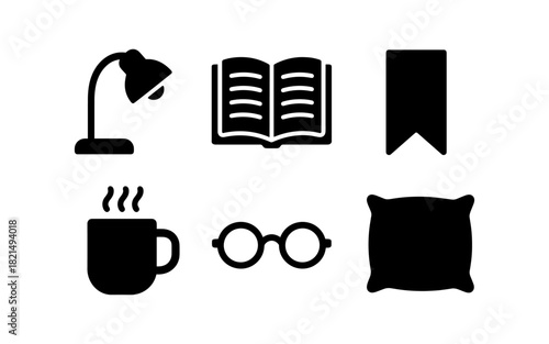 Cozy reading icons: lamp, book, mug, glasses, bookmark, pillow in silhouette style